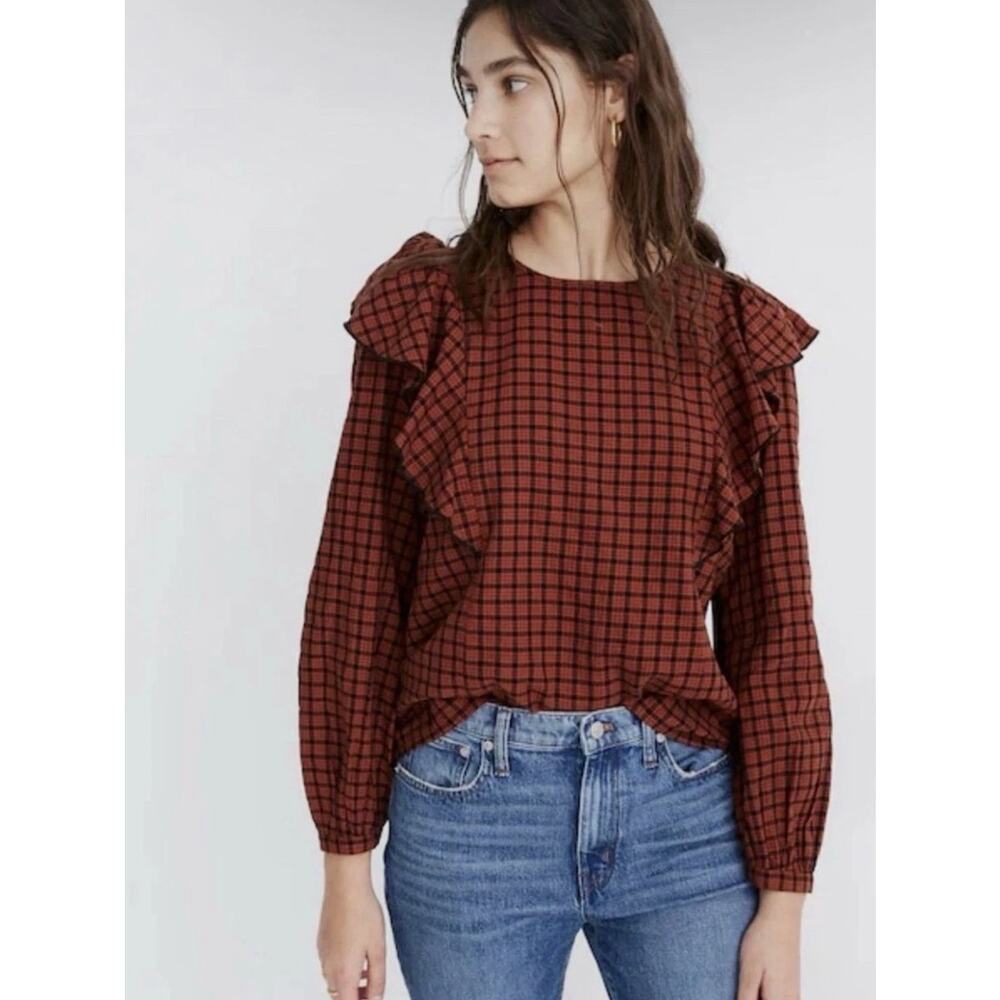 Madewell Womens S Rust Black Plaid Ruffle Shoulder Long Sleeve Blouse Western